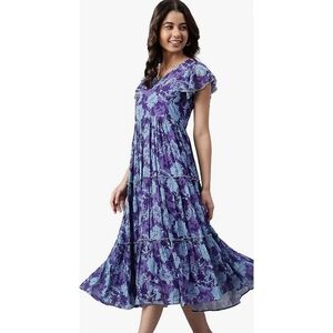 Janasya Indian Blue Georgette Printed Flared Calf Vneck Western dress Size S
